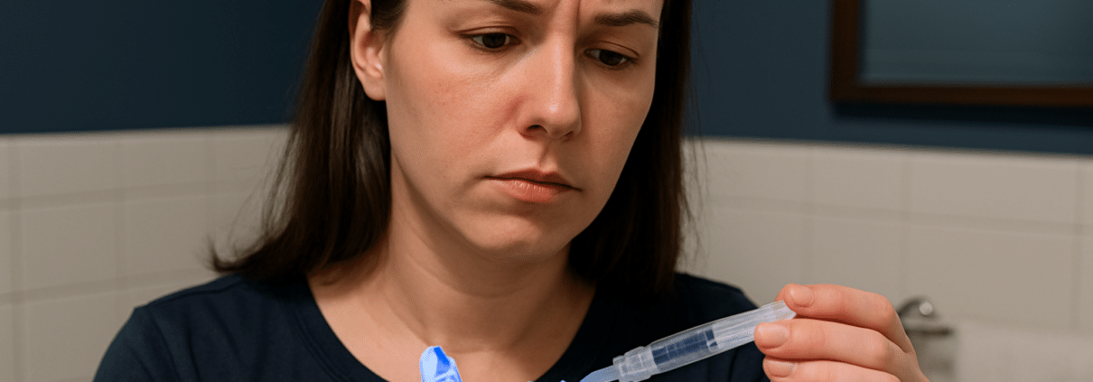 Concerned woman examining an over-the-counter whitening kit with a syringe.