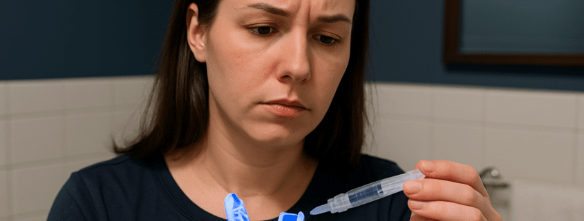 Concerned woman examining an over-the-counter whitening kit with a syringe.