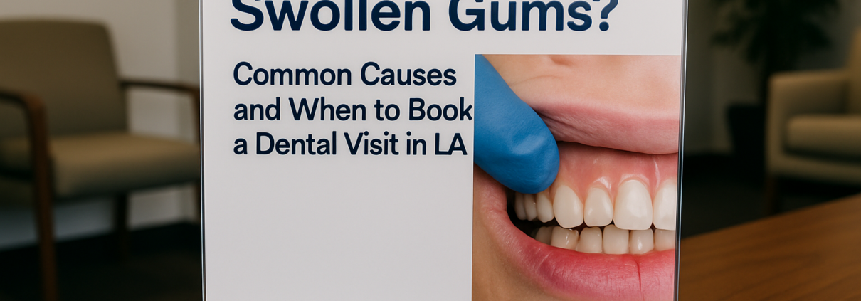 Informational sign explaining swollen gums causes and when to visit a dentist in Los Angeles.