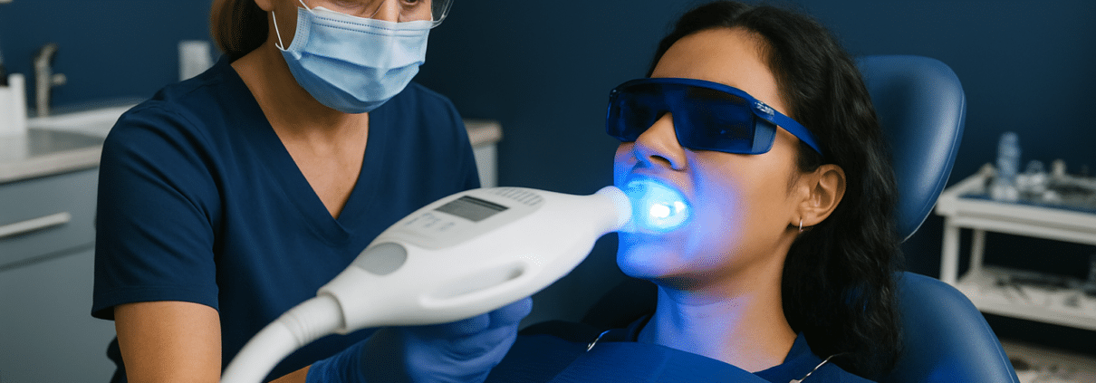 Dentist performing professional tooth whitening with blue LED light treatment in Los Angeles.