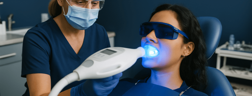 Dentist performing professional tooth whitening with blue LED light treatment in Los Angeles.